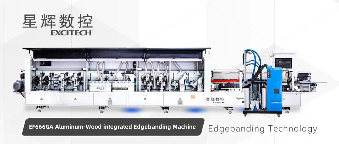 Excitech technologijos EF666GA aliuminio ir medžio integruota briaunų klijavimo mašina.
